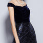 Cap Sleeves Velour Bodice Patchwork Sequined Elegant Long Party Dresses