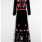 Long Lantern Sleeves Floral Embroidery Sash Belt Elegant Maxi Dress