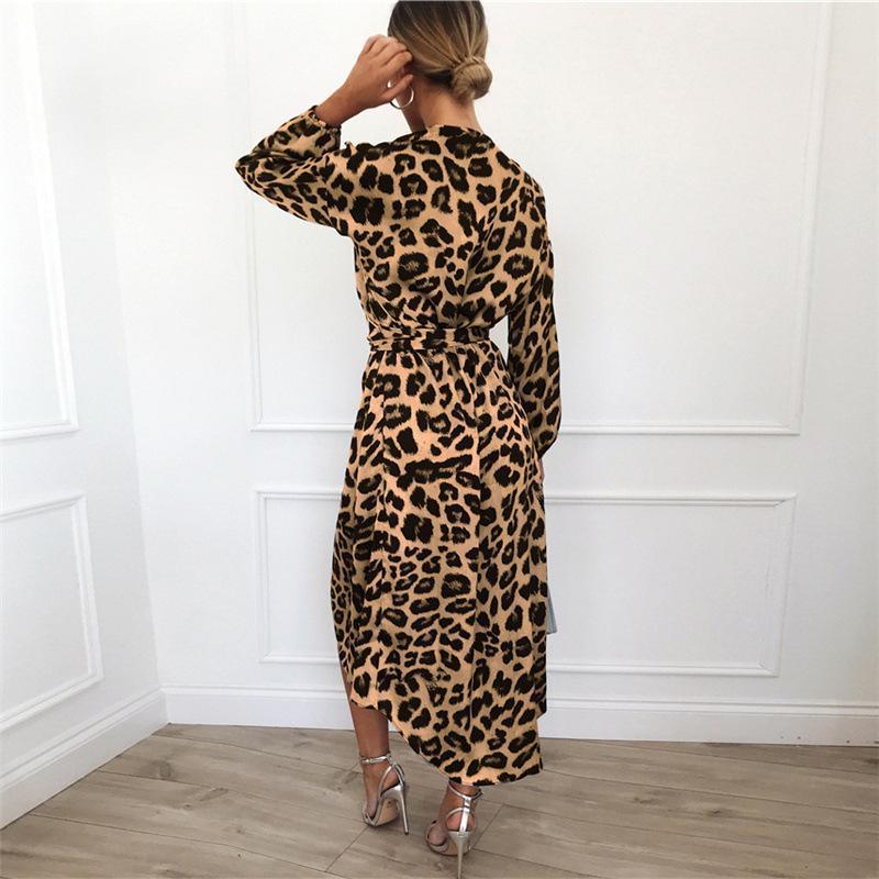 Leopard Women Chiffon Long Dress Long Sleeve Deep V-neck Party Dress