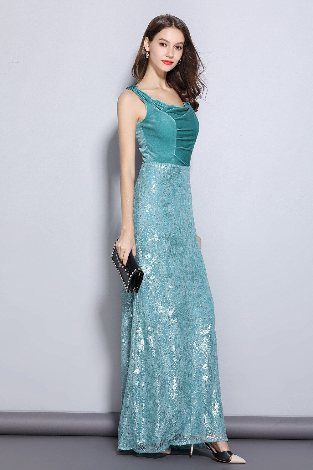 Lace Velvet Patchwork Elegant Maxi Long Designer Dresses