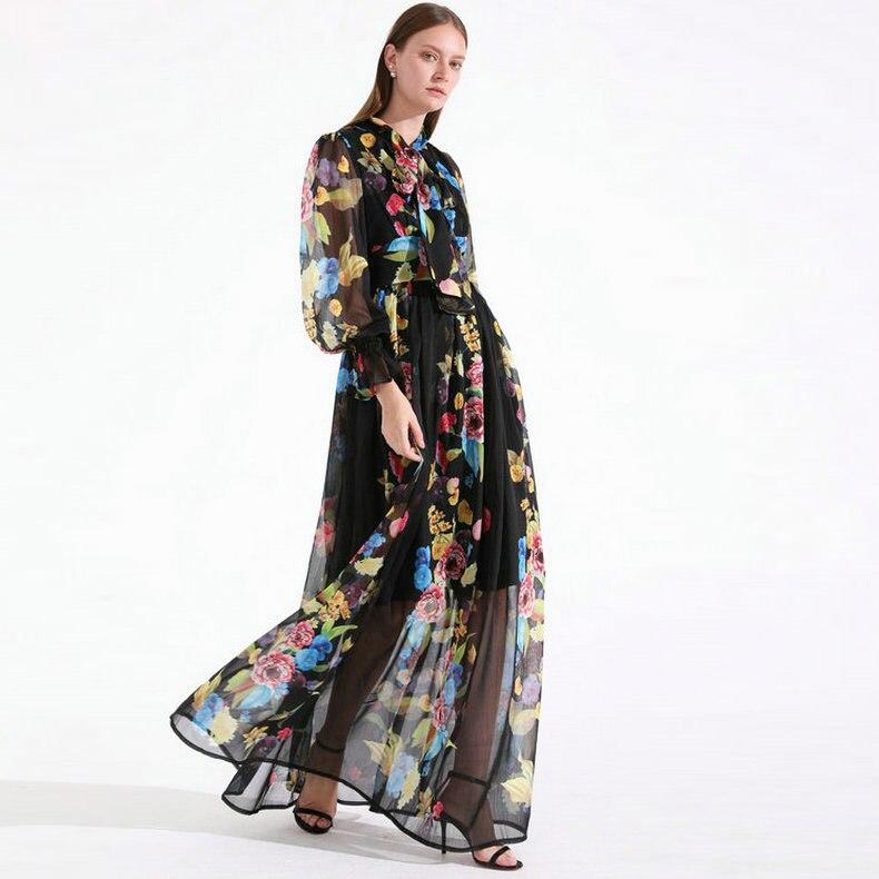 Long Sleeves Ruffles Floral Printed Elegant Maxi Casual Dresses