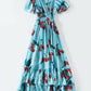 V Neck Flare Sleeves Floral Printed Ruffles Casual Holiday Long Dresses