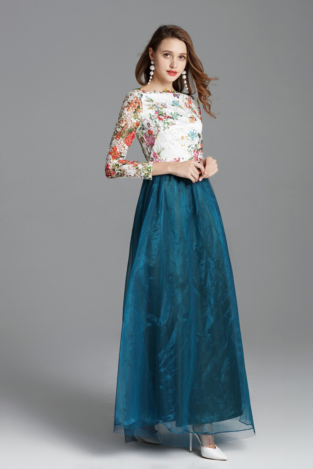 Slash Neckline Embroidery Lace Party Prom Long Sleeves Sequined Fashion Dresses