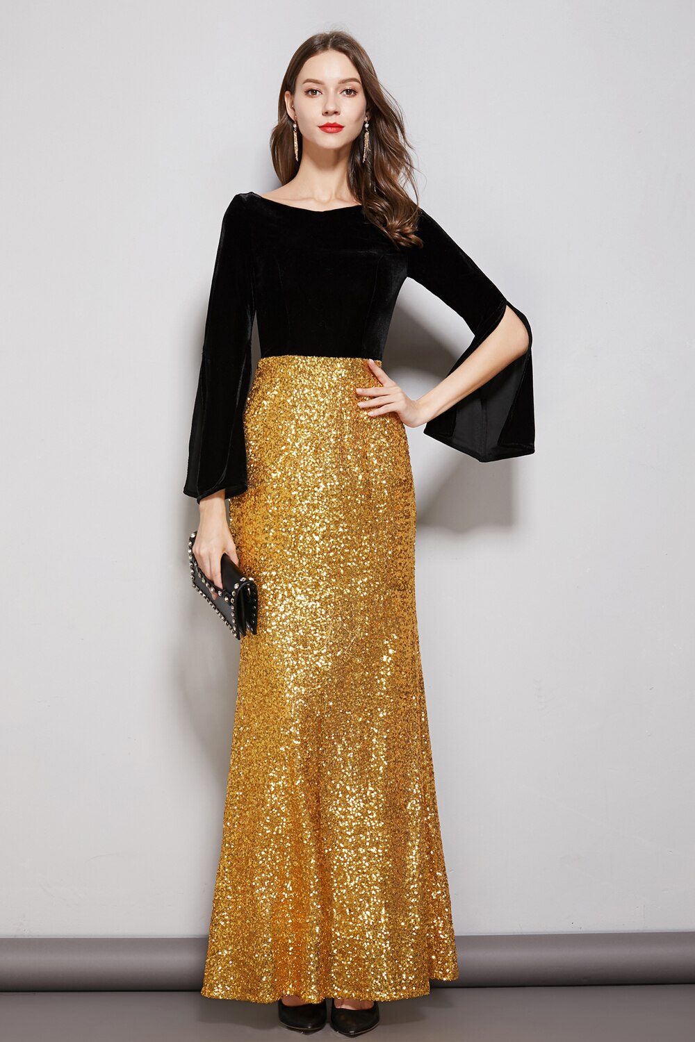 Long Sleeves Velvet Bodice Patchwork Sequined Elegant Floor Length Dresses