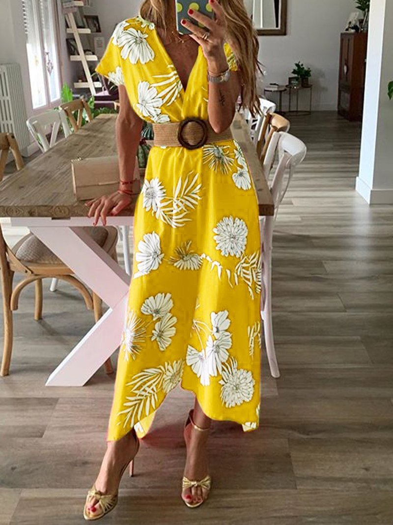 Women V-neck Boho Floral Belted Maxi Dress Summer Ladies Casual Short Sleeve Party Beach Sundress Holiday Clothing