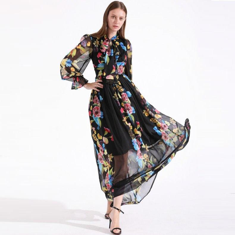 Long Sleeves Ruffles Floral Printed Elegant Maxi Casual Dresses