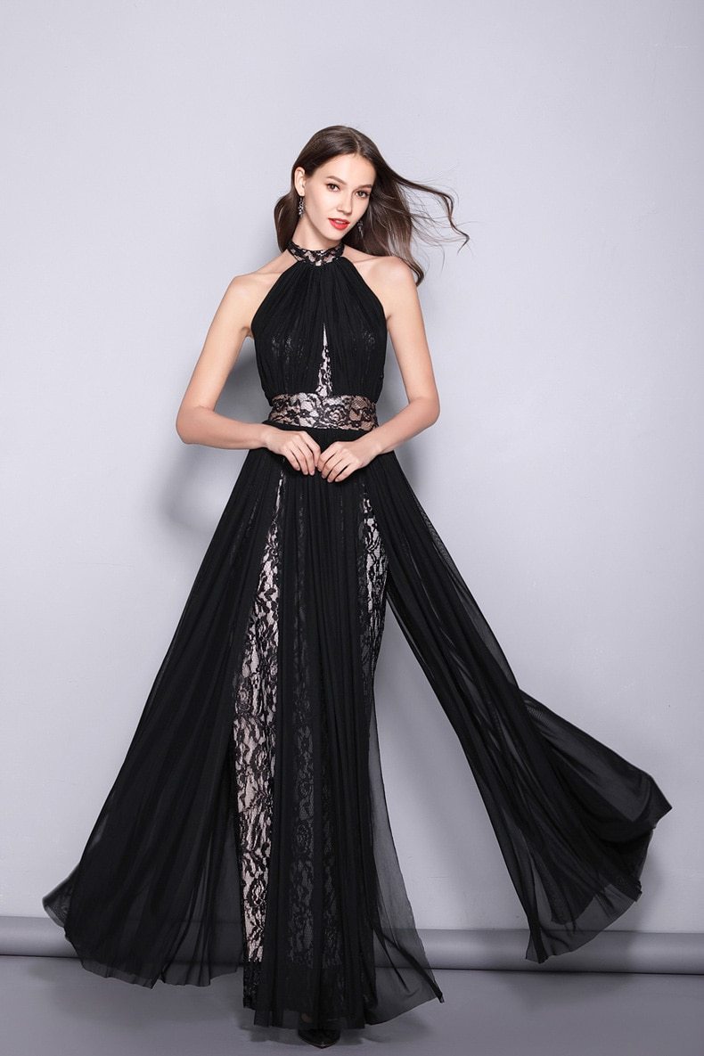 Women's Runway Designer Dresses Sexy Halter Sleeveless Embroidery Lace Open Back Fashion Long Party Prom Maxi Dresses