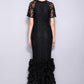 Women's Runway Designer Dresses O Neck Short Sleeves Embroidery Lace Prom Ruffles Mermaid Black Long Party Dresses