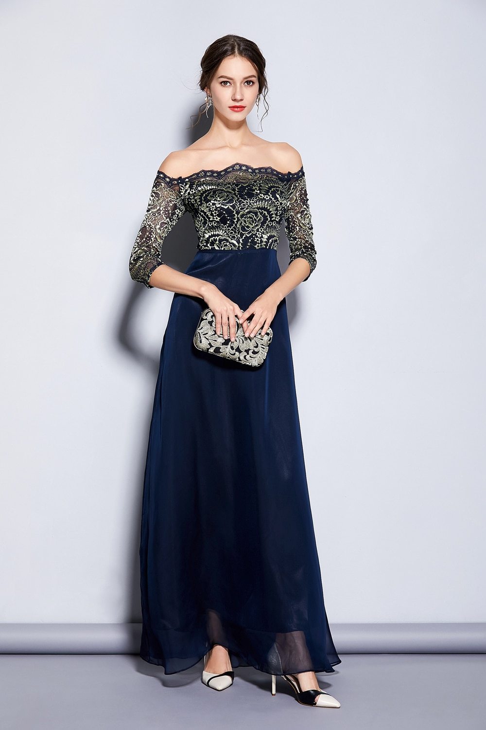 Women's Party Prom Sexy Off the Shoulder Slash Neckline Embroidery Lace Elegant Long Runway Dresses