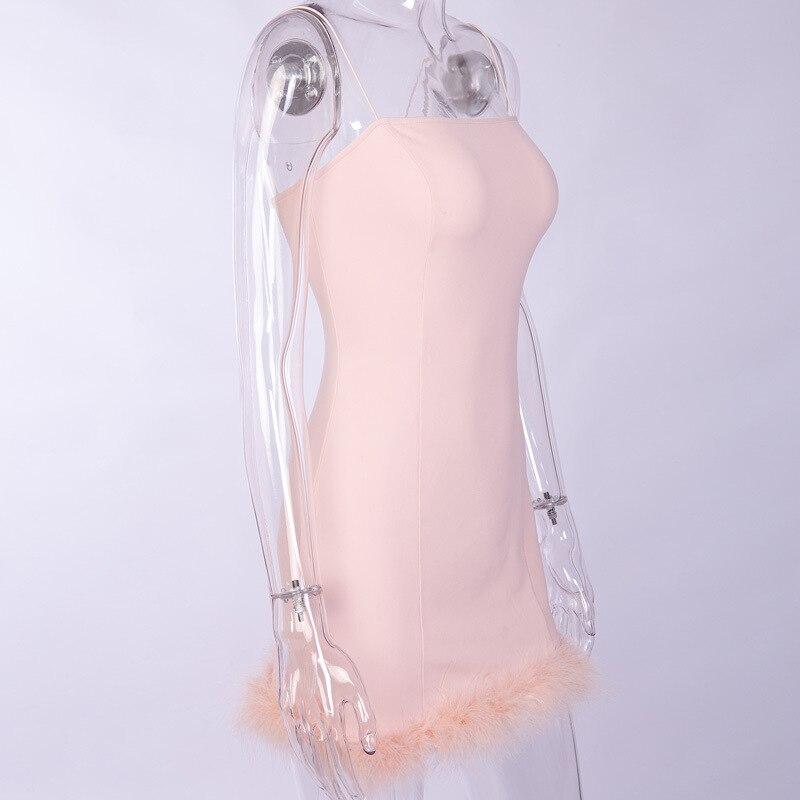 Clubwear Pink Fuzzy Feathers Strap Mini Dresses