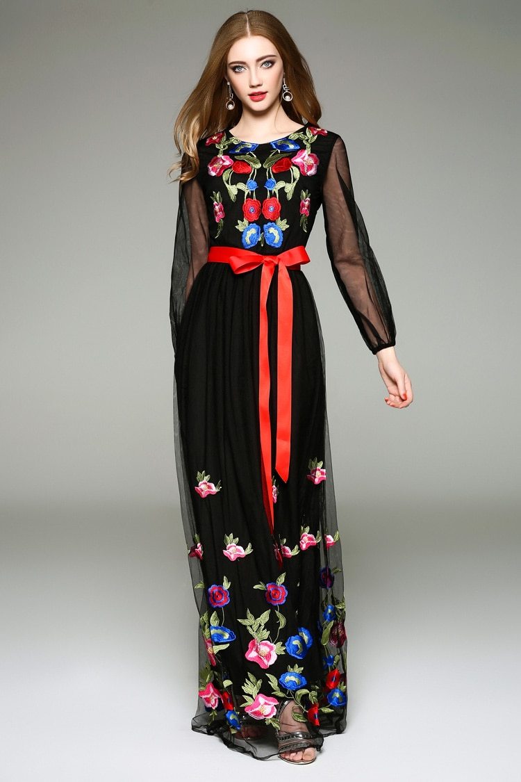 Long Lantern Sleeves Floral Embroidery Sash Belt Elegant Maxi Dress