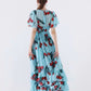 V Neck Flare Sleeves Floral Printed Ruffles Casual Holiday Long Dresses
