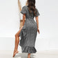 Summer Women Floral Print Long Dress Ruffles Wrap V-Neck Split Dress