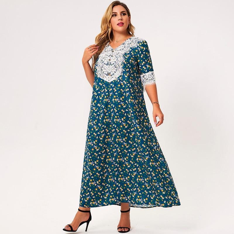 Maxi Dress Women Plus Size 2021 Lake Blue Loose Floral Print Lace Tassel Half Sleeve Button Holiday Party Large Robes