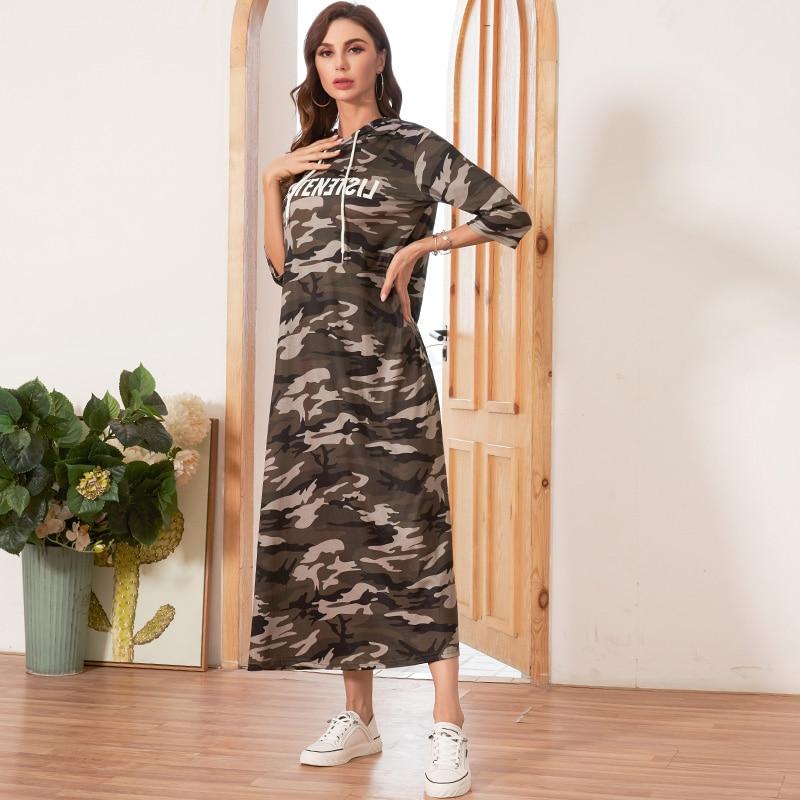 New Ladies Fashion Camouflage Digital Printing Hooded Long Loose and Simple Casual Girl Sports Women's Dress