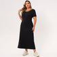 Summer Long Dress Plus Size Women Black Solid Color Webbing V-neck Short-sleeved Loose Casual Party Large Maxi Dresses