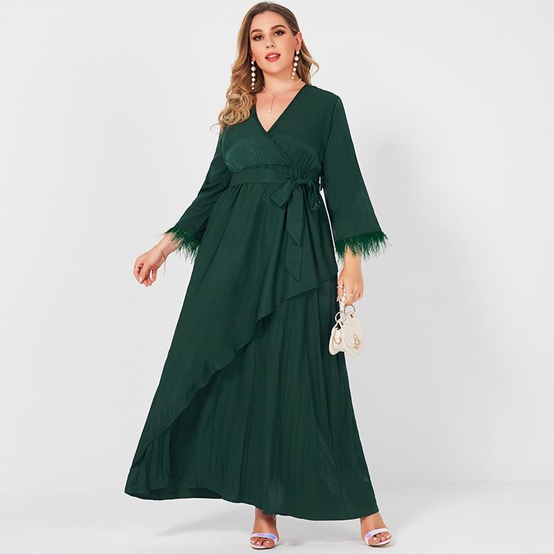 New Women's Fashion V-neck Long-sleeved Stitching Belted Slim Fit Large Size Elastic Waist Pleated Banquet Sweet Green Dress