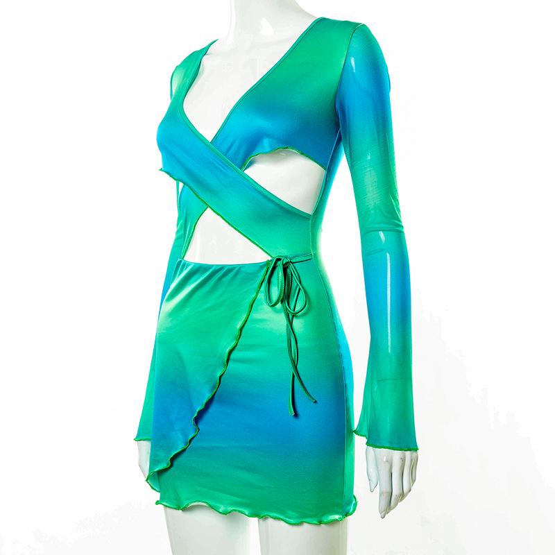 Fashion Print Cut Out Long Sleeve Mini Bodycon Dress
