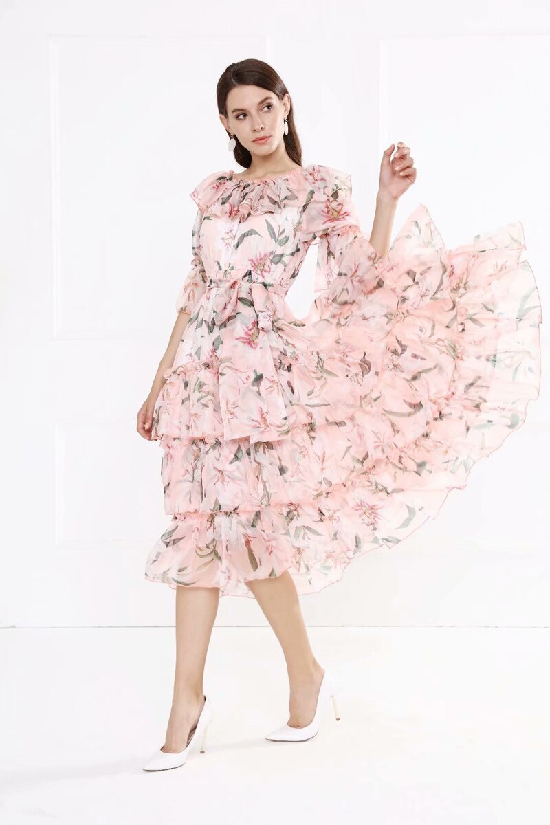 Floral Printed Sash Belt Fashion Designer Dress