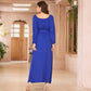 New Autumn Women Casual Dress Elegant Blue Square Collar Maxi Dress Long Sleeve Belted Long Dresses Women