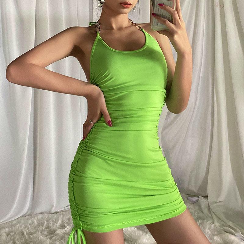 Chain Halter Backless Ruched Bodycon Mini Dress