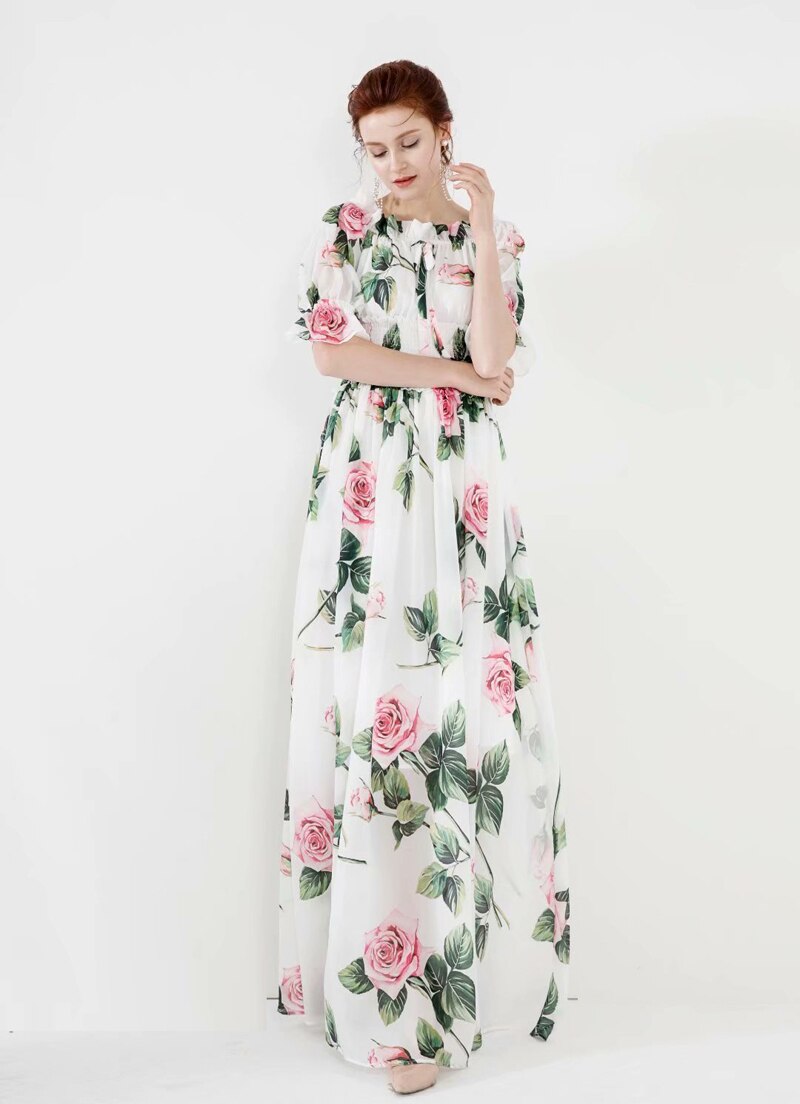 Short Sleeves Floral Printed Elastric Waist Elegant Long Designer Dress