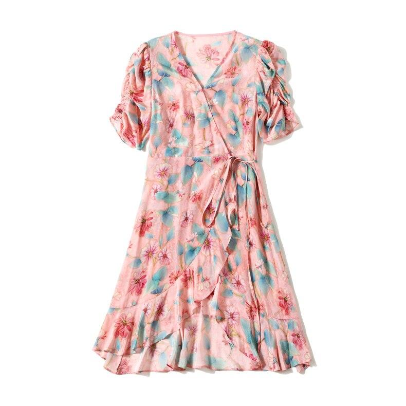 Sexy V Neck Short Sleeves Floral Printed Lace Up Belt Ruffles Dress
