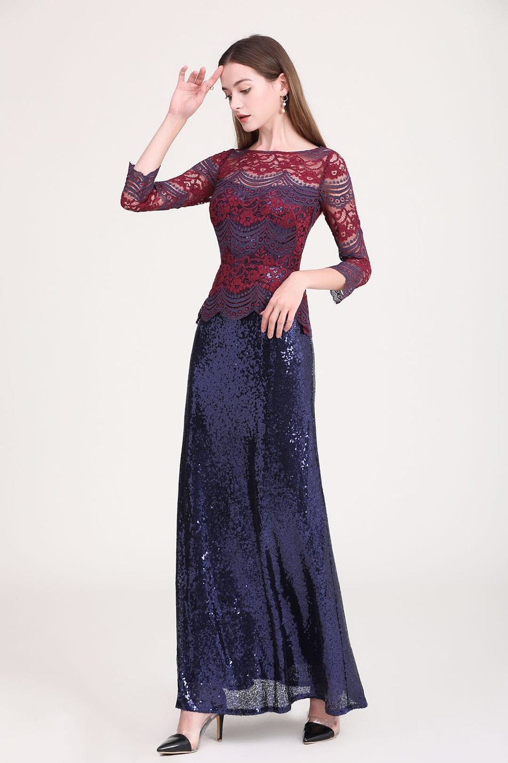 Long Sleeves Patchwork Sequined Elegant Maxi Runway Prom Dresses