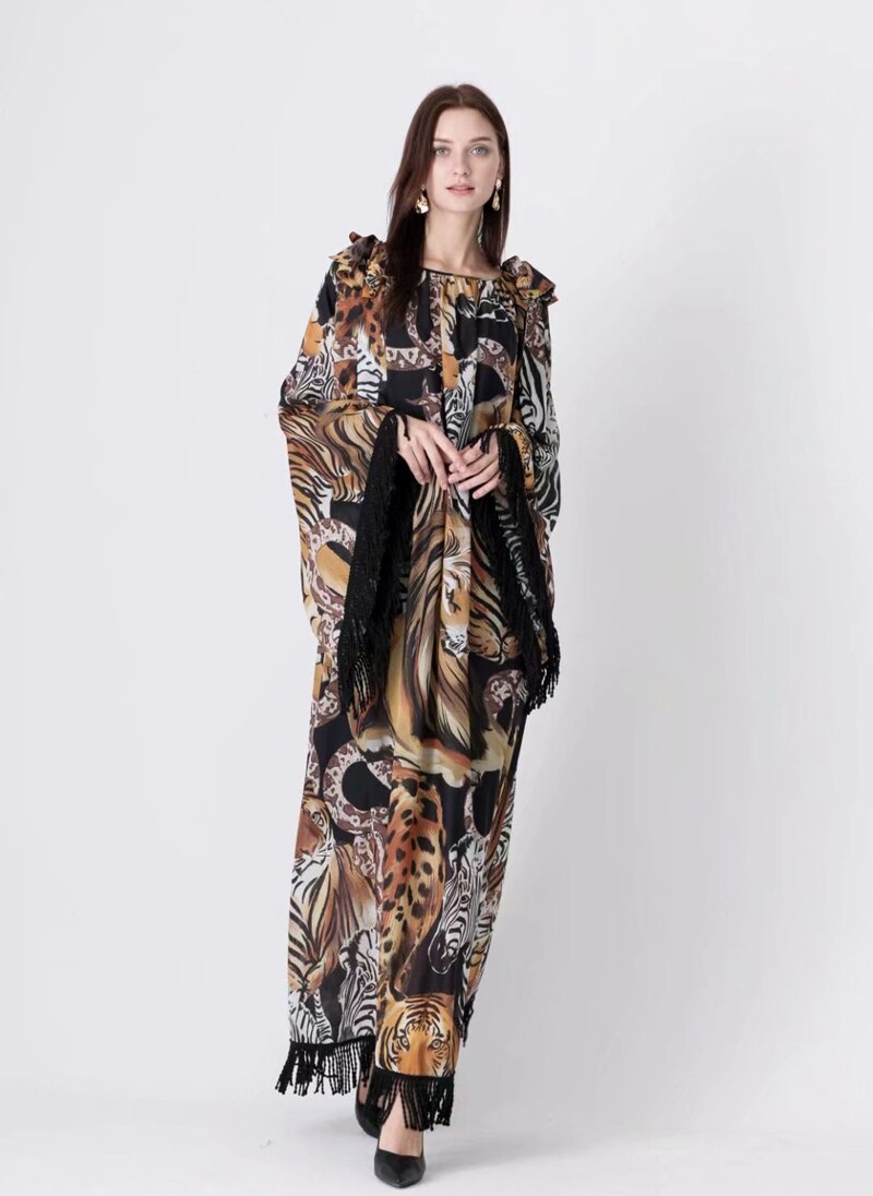 Long Flare Sleeves Printed Elegant High Street Fashion Maxi Dress