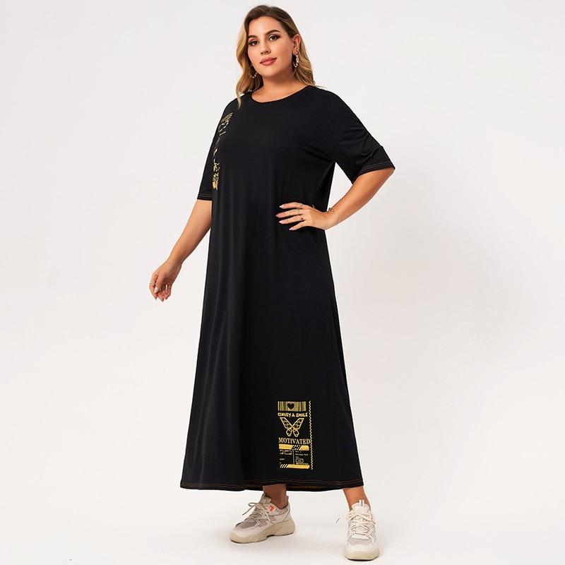 New Summer Dress Women 2021 Black O-neck Short Sleeve Loose Golden Letter Pattern Printing Casual College Plus Size Long Dresses