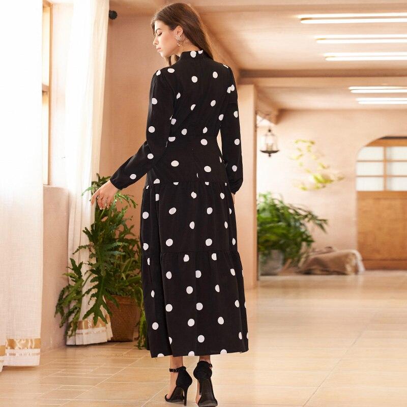 Summer New Women Long Dress Black Frilly Polka Dot Print Lapel Fashion Sweet Commuter Style Holiday Style Long-sleeved Dresses