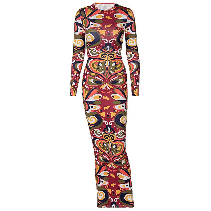 Fall  Fashion Printed Long Sleeve Maxi Body Con Dress