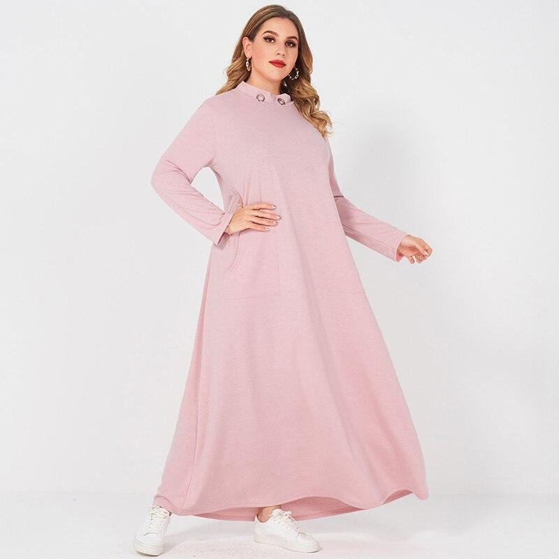 Spring Summer New Women's Fashion Metal Decoration Stand-up Collar Casual Style Side Pockets Long Loose Large Size Dress