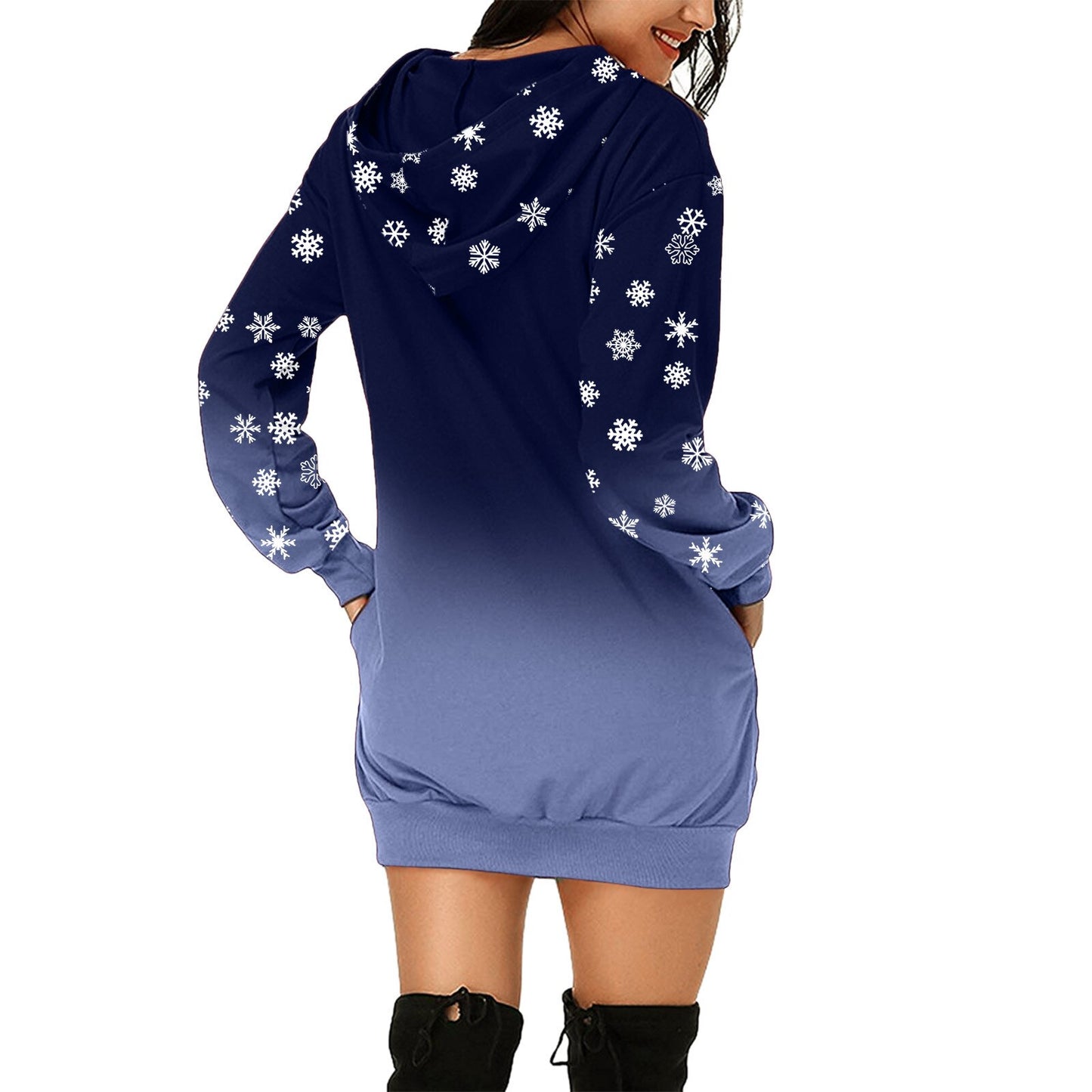 Fashion Women's Dress Casual Merry Christmas Prints Bag Hip Pocket Long Sleeves Hoodies Sweatshirts Xmas Dresses With Pockets