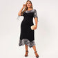 Women Plus Size Black O-neck Short Bandage Sleeves Splicing Printing A-line Irregular Loose Casual Dresses