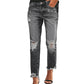 Hole Jeans Women High Waist Long Pants Solid Color Pocket Decor Zipper Button Placket Jeans