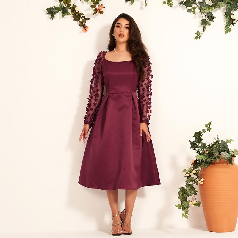 Western Style Applique Long-sleeved Slim A-line Ladies Host Party Dress Woman Dress