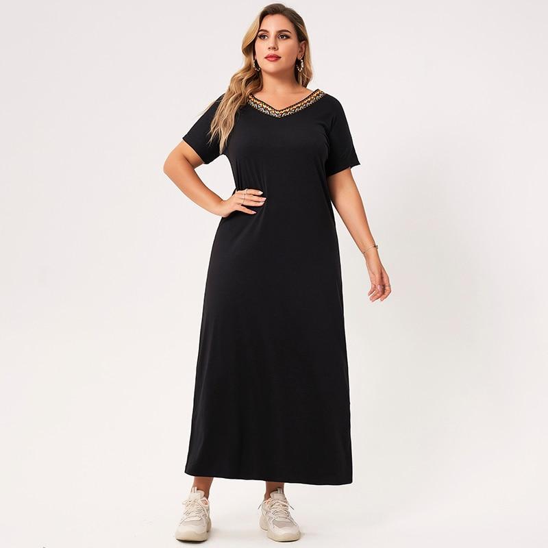Summer Long Dress Plus Size Women Black Solid Color Webbing V-neck Short-sleeved Loose Casual Party Large Maxi Dresses