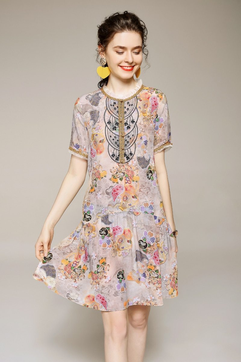 Short Sleeves Embroidrey Lace Patchwork Printed Fashion Floral Dresses