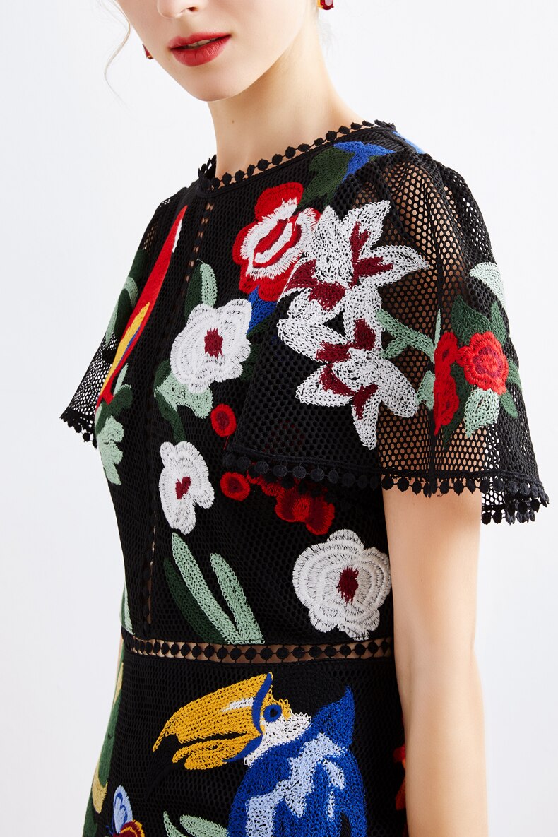 O Neck Short Sleeves Embroidery Elegant High Street Fashion Casual Dresses