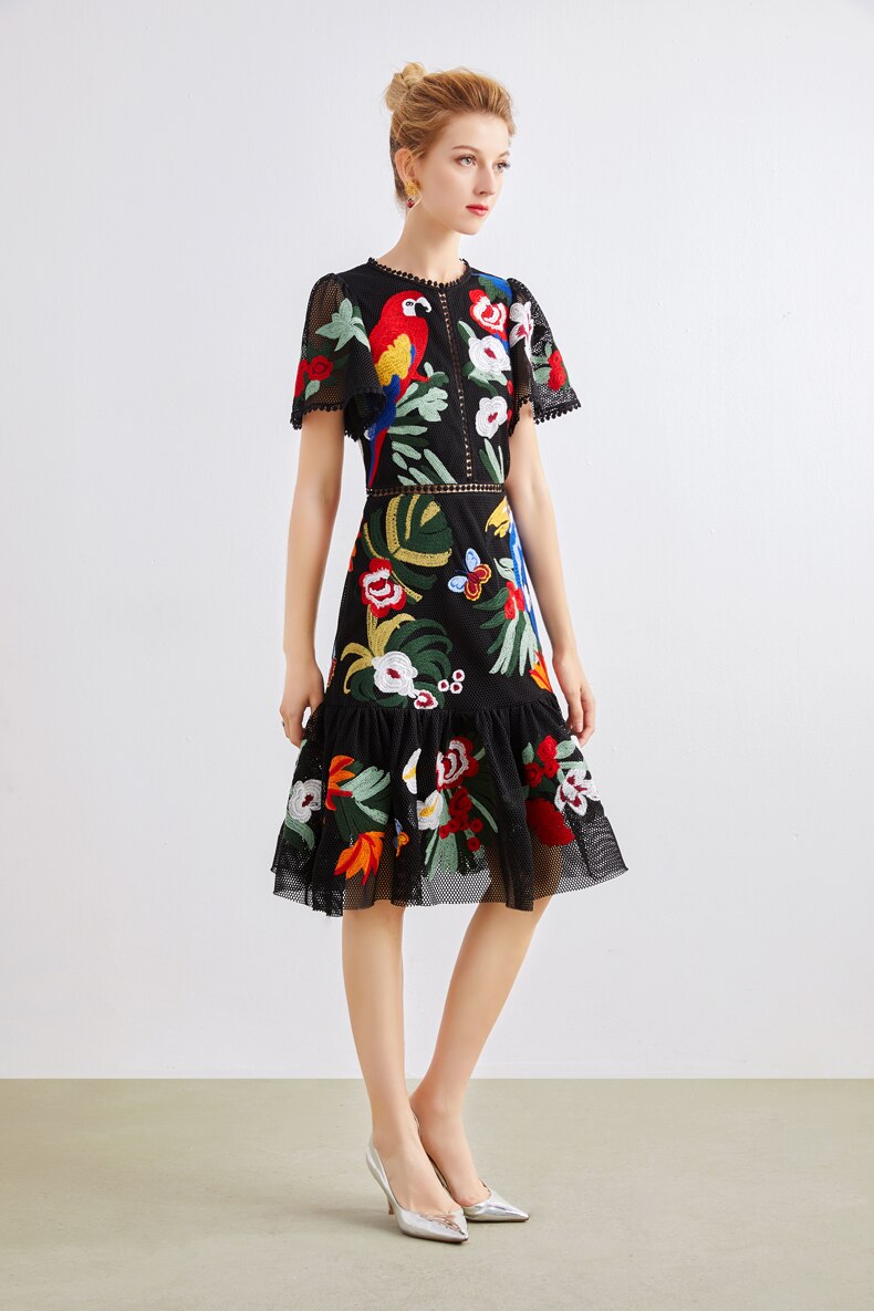 O Neck Short Sleeves Embroidery Elegant High Street Fashion Casual Dresses