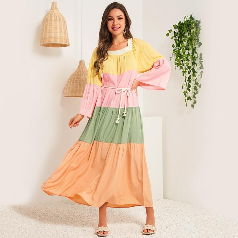 Summer Women Dress Multicolor Stitching Flared Long Sleeves Sashes Belted Bohemian Holiday Casual Elegant Maxi Dresses
