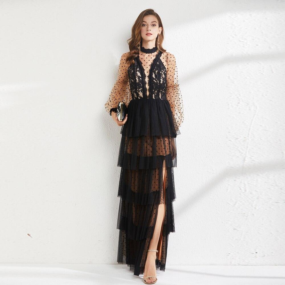 Lace Patchwork Tiered Ruffles Fashion Maxi Party Prom Gown