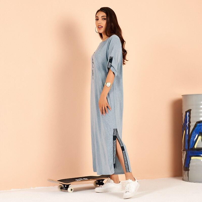 Summer Products Women's Fashion College Style English Printed Stretch Folded Sleeves Blue Short Sleeve Loose Split Blue Dress