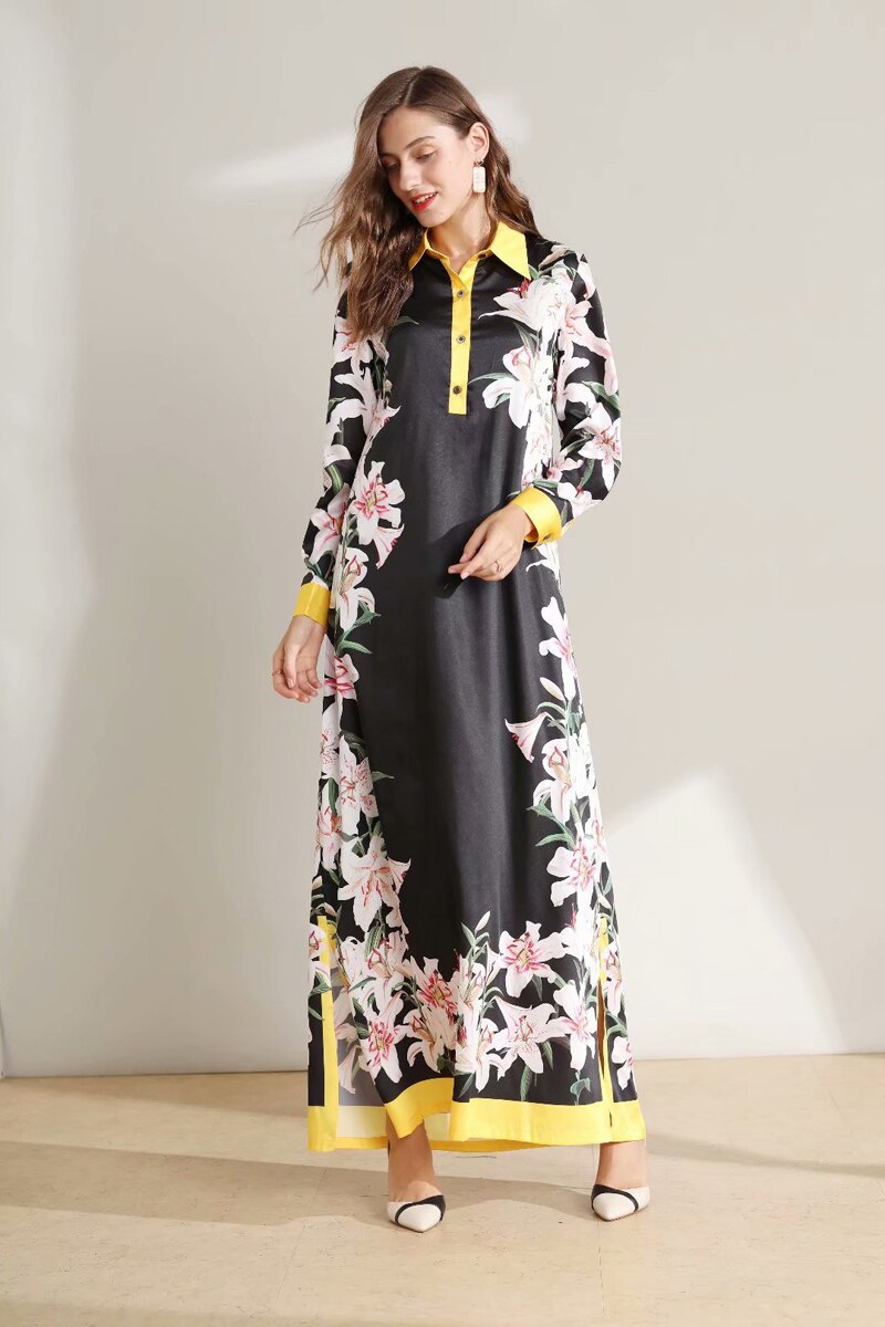 Long Sleeves Floral Printed Loose Designer Fashion Casual Split Long Dresses