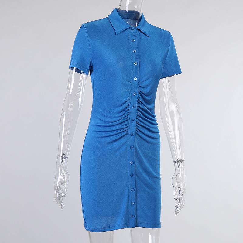 Button Up Pleated Short Sleeve Shirt Dresses