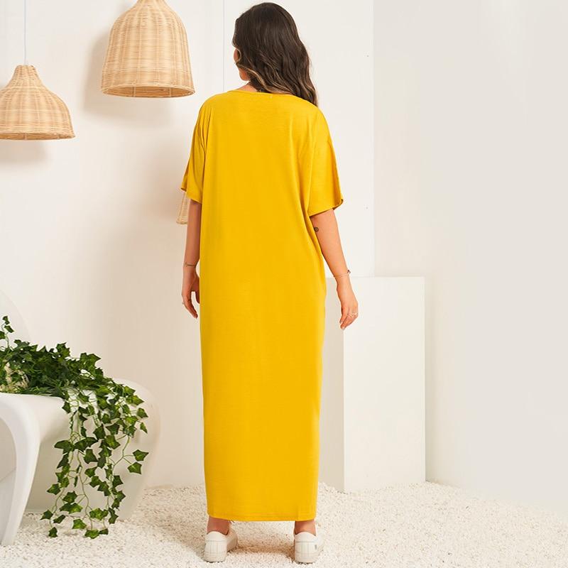 Summer New Fashion Women's Casual Solid Color Letter Pattern Printing Simple and Loose Long Short-sleeved Round Neck Home Dress