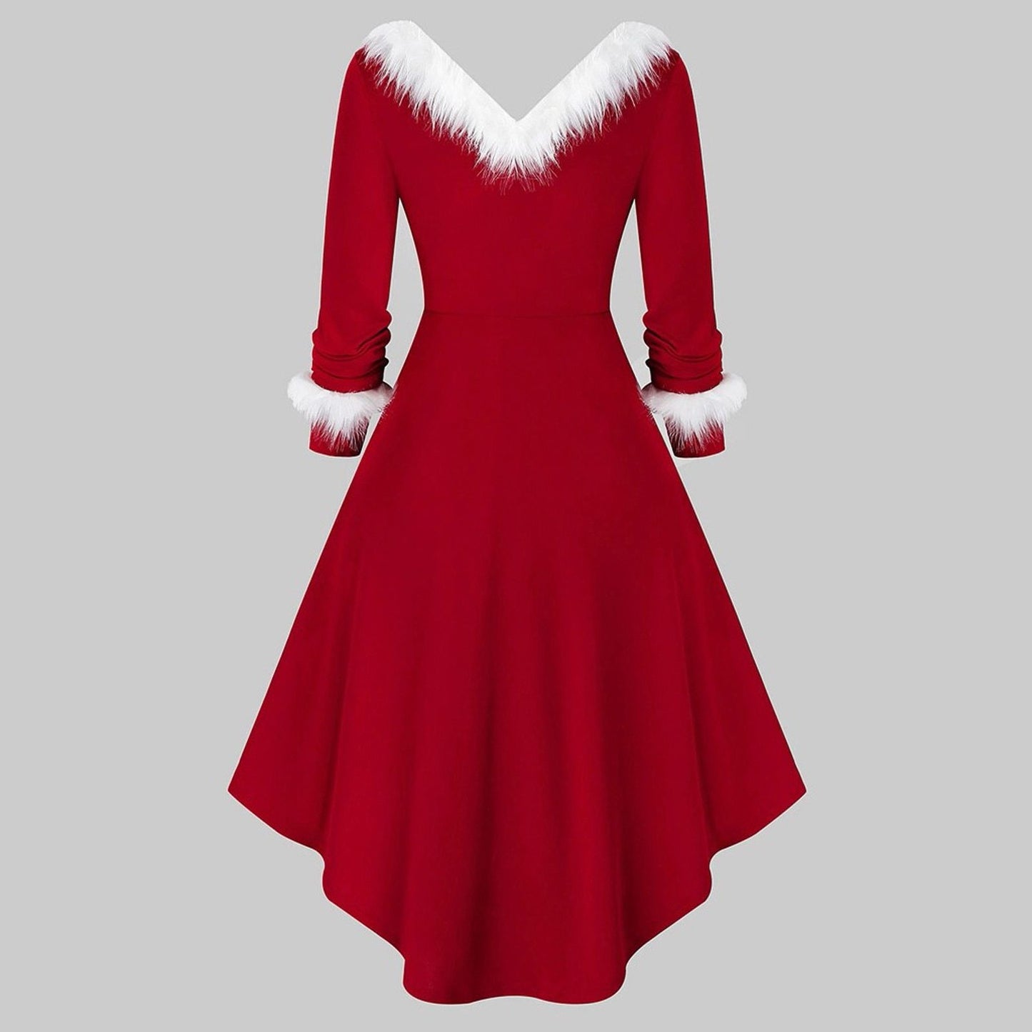 Women Christmas Faux-plush Panel Long Sleeve V Collar Party Dress