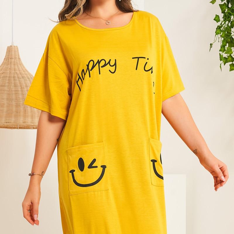 Summer New Fashion Women's Casual Solid Color Letter Pattern Printing Simple and Loose Long Short-sleeved Round Neck Home Dress