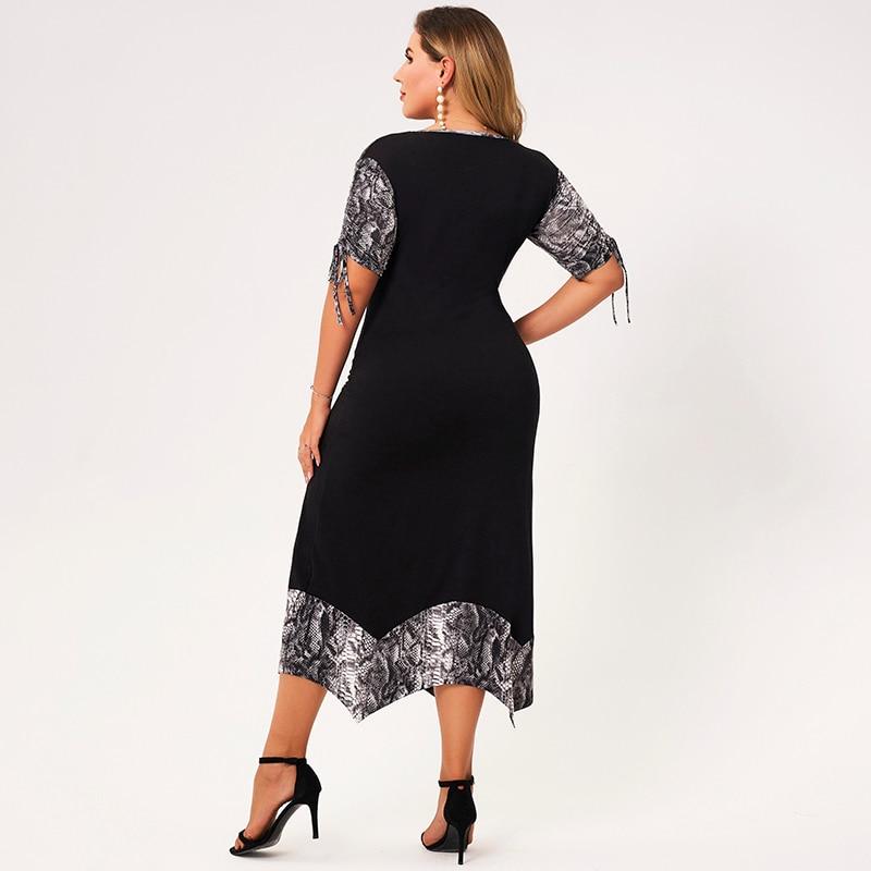Women Plus Size Black O-neck Short Bandage Sleeves Splicing Printing A-line Irregular Loose Casual Dresses